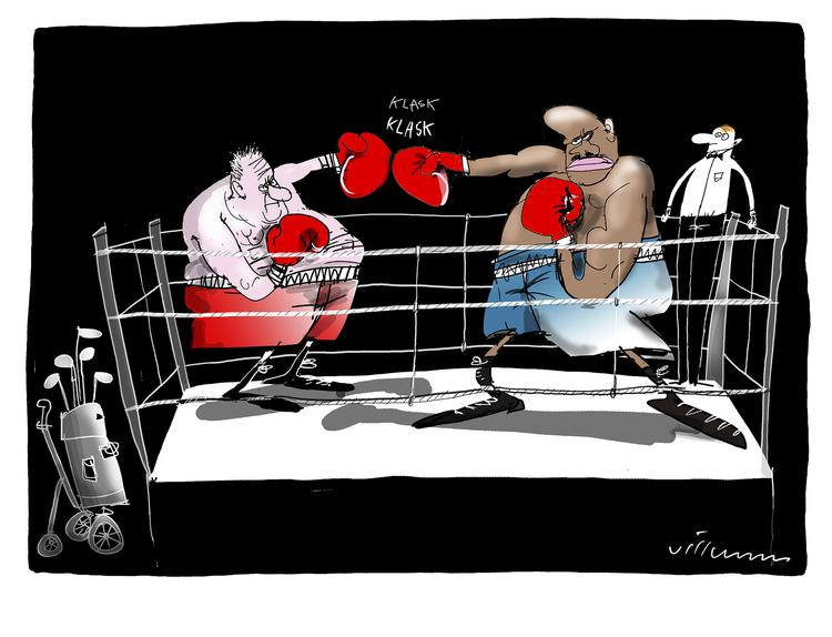 Boksebrag. »Tak for nogle uforglemmelige oplevelser. Men det er slut nu«, mener Claus Elgaard om Brian Nielsen før lørdagens boksekamp. Tegning: Jørn Villumsen. 