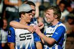 jubel. En sjælden situation: Jesper Lange, Arnor Smarason og Kevin Bechmann Timm jubler over en hjemmesejr. 