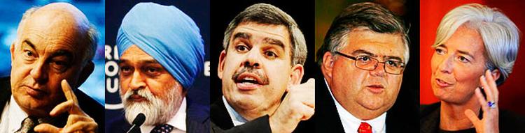 Muligheder. Der er en helt stribe navne i spil som ny IMF-topchef. Fra venstre er det: Kemal Darvis, Montek Singh Ahluwalia, Mohamed el-Erlan, Agustin Carstens og Christine Lagarde. 