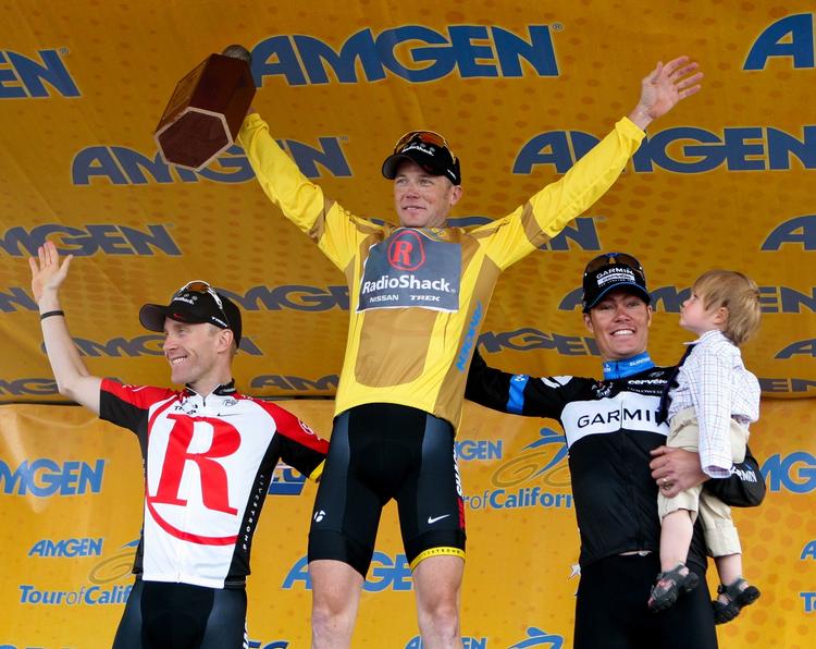 superveteran. Chris Horner (midt) fik en flot samlet sejr i Tour of California med holdkammeraten Levi Leipheimer (tv) på andenpladsen og Tom Danielson (med sin et-årige søn Steven) på tredjepladsen. 