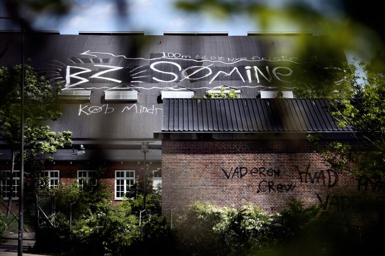 AKTION. Besætterne har sat deres mærke på området omkring Søminedepotet. Her er der malet meterhøje slagord for aktionen på taget af den fredede Vandflyverhangar på Margretheholm. 