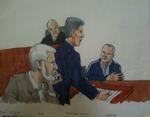 Terrorsag. Anklager Daniel Collins udspørger David Headley, mens Tahawwur Rana og dommer Harry D. Leinenweber følger nøje med. Tegning: L.D. Chukman 