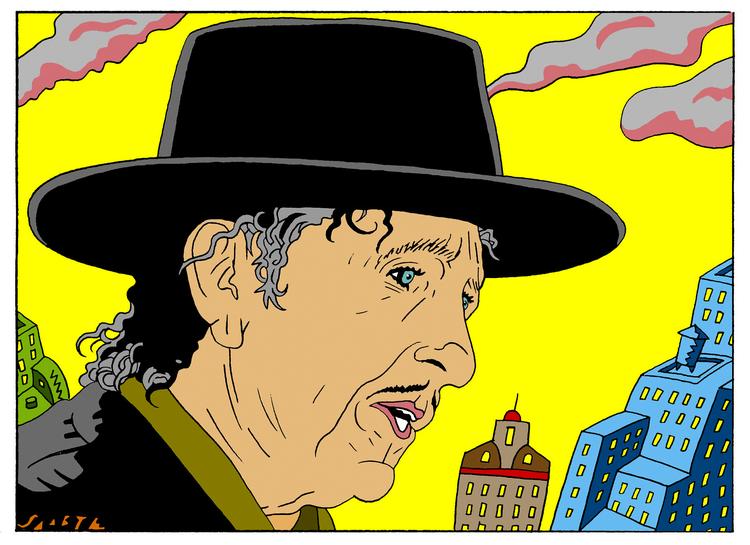 dylan. "Jeg blev født meget langt fra, hvor det var meningen jeg skulle være, så jeg er hele tiden på vej hjem..." Bob Dylan i Scorceses 'No Direction Home'. Tegning: Jørgen Saabye. 