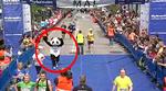 Pandaen - alias Jonas Juhler Hansen løber her over målstregen ved Copenhagen Marathon i tiden 4 timer, 41 minutter og 50 sekunder. 