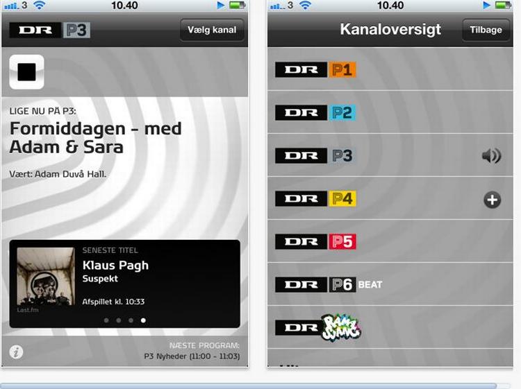 App. Tilgængelige kanaler på DR's nye app er P1, P2, P3, P4 (alle 11 lokale udgaver), P5, P6 Beat, Ramasjang, Hit, Soft, Boogieradio, Jazz, Dansktop, Rock, Klassisk og R&amp;B. Altså en blanding af FM-kanaler og dab (digitale) kanaler - ialt 25. 