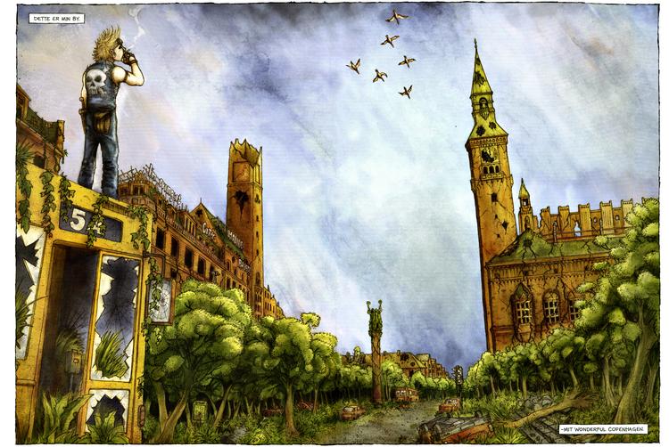 Copenhagen. 'Ruiner's store scoop er de store tegninger af et mennesketomt København. Her Rådhuspladsen og hovedpersonen Ask, som er »den eneste, der er tilbage«. 