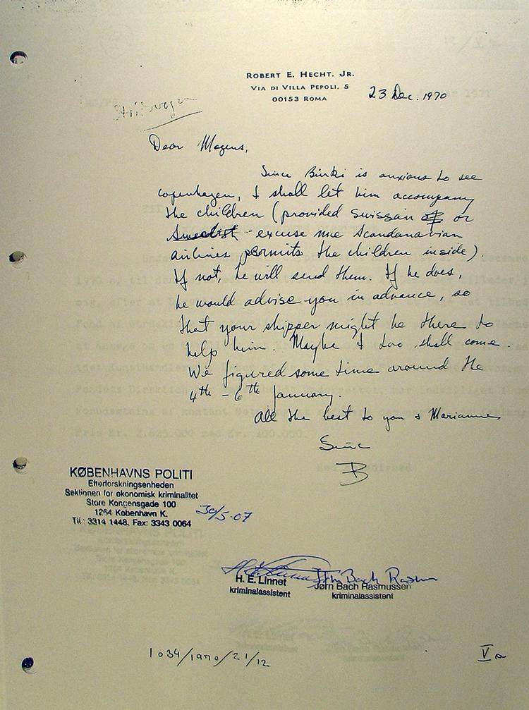 Kodesprog. Et brev fra Robert E. Hecht til Glyptotekets daværende direktør Mogens Gjødesen dateret 1970. Her taler Hecht i kodesprog og bruger ordet 'børnene' om det arkæologiske fund,  han planlægger at sende til København. Det arkæologiske fund er Fyrstegraven. 