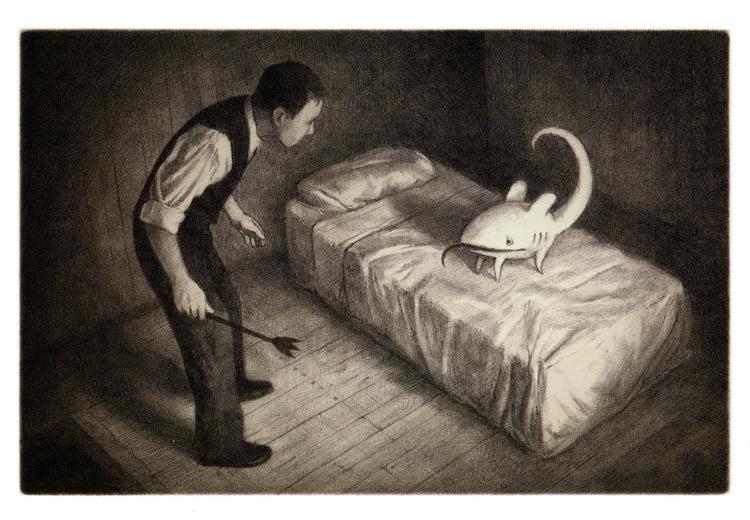 Fantastisk. Shaun Tan har sakset indtryk fra gamle stumfilm, sort-hvide fotos, bedagede blade og sin egen indre emigrant. Tegning: Fra 'Ankomsten' af Shaun Tan 