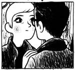 Ømt. Den sort-hvide tegneserie er først og fremmest en nænsom kærlighedshistorie om de blide flettefingre-følelser, der udspandt sig mellem en ung fotograf og en spirende kunstner.Illustration: Arne Bellstorf 