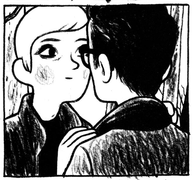 Ømt. Den sort-hvide tegneserie er først og fremmest en nænsom kærlighedshistorie om de blide flettefingre-følelser, der udspandt sig mellem en ung fotograf og en spirende kunstner.Illustration: Arne Bellstorf 