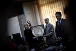 Foreign Minister Lene Espersen meeting TNC President Mustafa Abdul Jalil. 