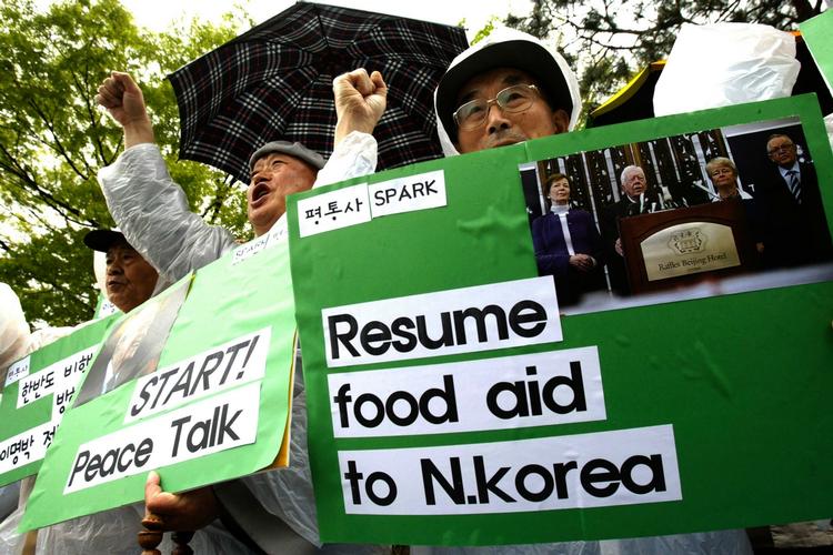 Hjælp. Fødevaremanglen i Nordkorea fik i april disse sydkoreanere til at demonstrere for madhjælp til nordkoreanerne. 