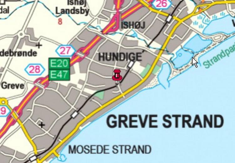 I eksemplet her har vi søgt på adressen Godsparken 20 i Greve. Området blev ramt af kraftig oversvømmelse i 2007. Adressen ligger bare 3,2 meter over havets overflade. Foto: Kort- og Matrikelstyrelsen. 
