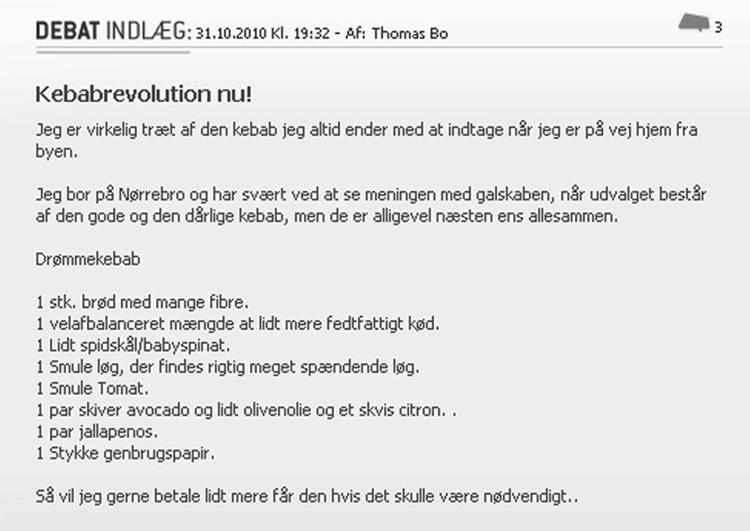 Debat. Her deltager en af kampagnens bagmænd i debatten under falskt navn på hjemmesiden www.hurtigmums.dk med en opskrift på en sund kebab. Illustration: Fra hjemmeside 