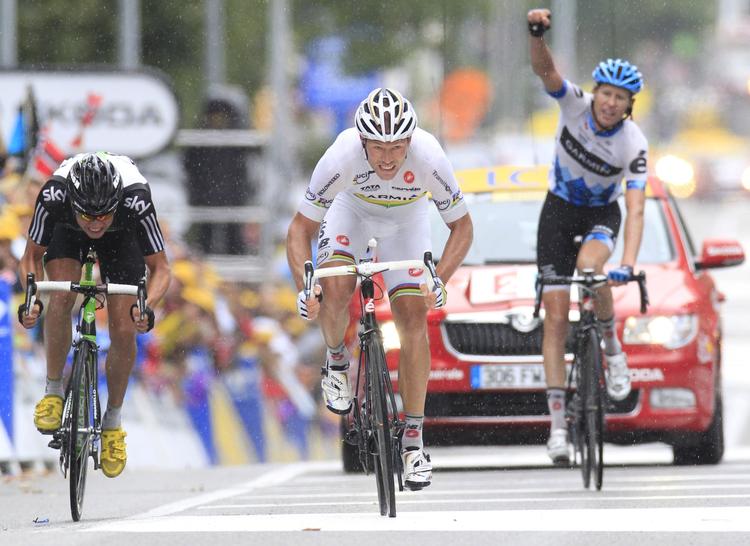 Enere. Thor Hushovd (i midten) og Edvald Boasson Hagen (t.v.) har hver vundet to etaper i dette års Tour. Norge er dermed den mest succesfulde nation sammen med Storbritannien. 