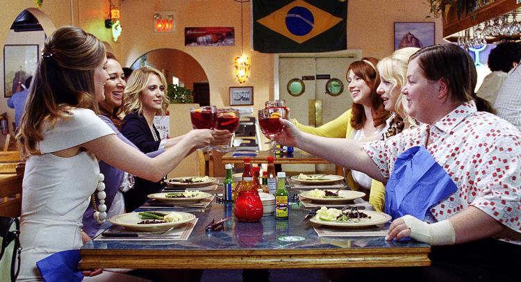 Ballade.  Fra venstre mod højre ses her Rose Byrne, Maya Rudolph, Kristen Wiig, Ellie Kemper, Wendi McLendon-Covey og Melissa McCarthy på brasiliansk restaurant i 'Brudepiger'. 