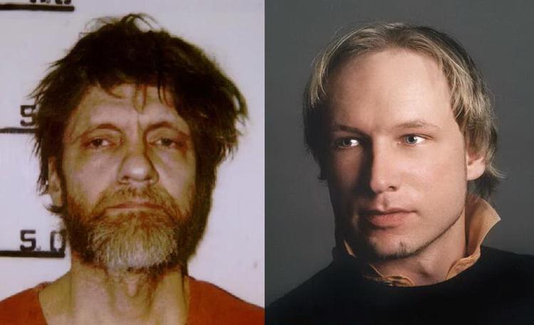 Mordere. Una-bomber (tv.) var intellektuel inspirationskilde for Anders Breivik (th.). 