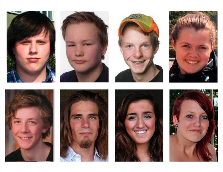 Ofre. Alle ofre for en gal massemorder. Øverst fra venstre:  Syvert Knudsen, 17,  fra Lyngdal, Norge; Johannes Buoe, 14, fra Mandal, Norge;  Eivind Hovden, 15, fra Tokke, Norge; Guro Vartdal Havoll, 18,  fra Ørsta, Norge. Fra bunden til venstre: Haakon Odegaard, 17,  fra Trondheim Norge;  Diderik Aamodt Olsen, 19, fra Nesodden, Norge; Bano Abobakar Rashid, 18, fra Nesodden, Norge; Birgitte Smetbak, 15, fra Nøtterøy, Norge. 