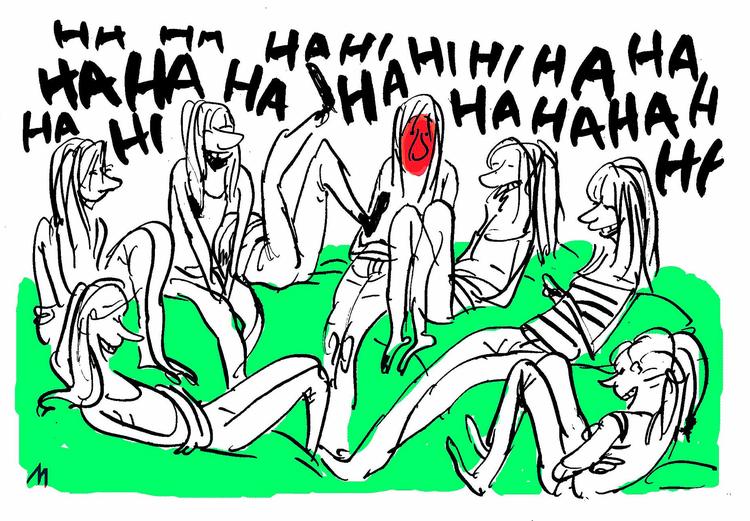 Humor. Nu er en pigevittighed og en drengevittighed noget nær det samme: sjofel og grov. Tegning: Mette Dreyer 