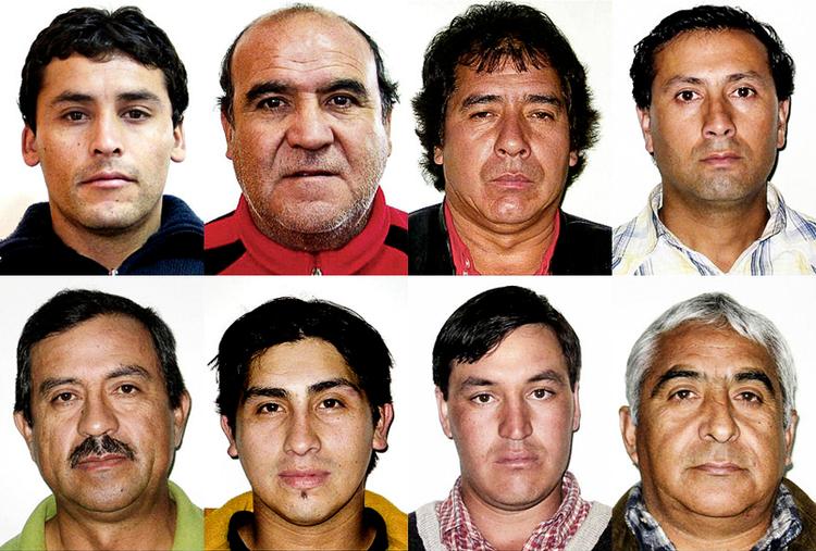 MINEARBEJDER. I morgen er det et år siden, en mine i det norlige Chile faldt sammen og begravede 33 minearbejdere. I dag står halvdelen uden job, og flere må sælge frugt på gaden for at klare sig. Øverst: Florence Avalos, Franklin Lobos, Victor Segovia og Raul Bustos. Nederst: Juan Illanes, Richard Vallaroel, Osman Arayda og Omar Reygadas. 