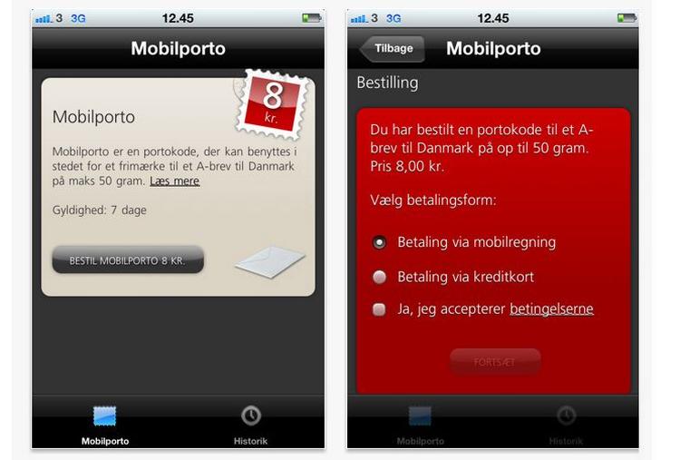 Mobilporto. Hidtil har man skullet sende en sms til Post Danmark for at købe et frimærke via mobilen. Det kan man fortsat, men smartphones kan nu installere en applikation, hvor man kan vælge at betale med betalingskort også. 