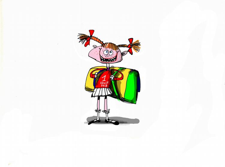 Pinligt. De fleste børn er sikkert nervøse 1. skoledag, men det bliver ikke bedre, hvis forældrene opfører sig helt håbløst. Alle tegninger: Jørn Villumsen 