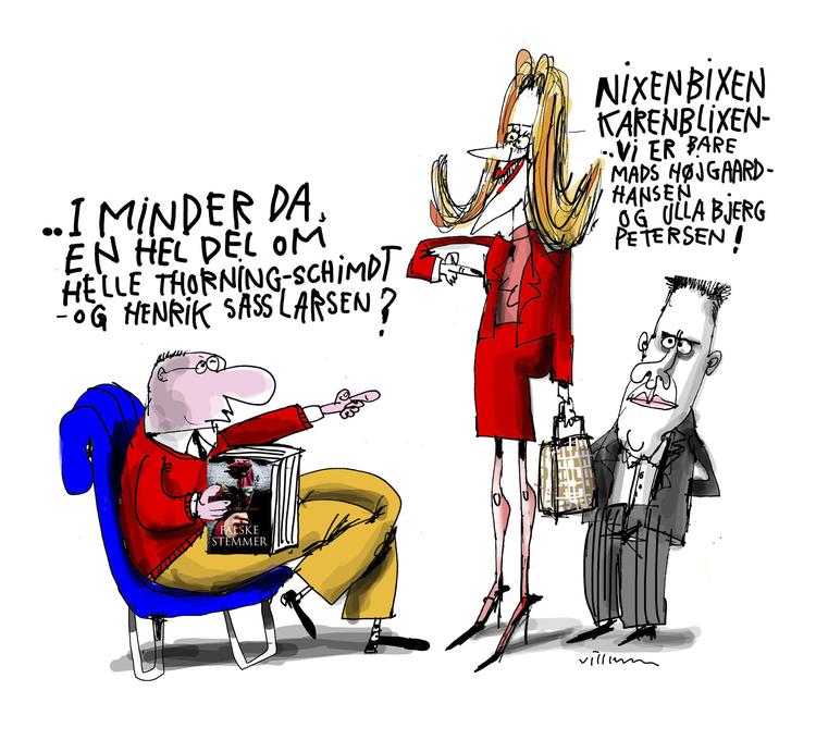 Fiktion. 'Falske stemmer' handler om den stilfulde formand for 'Arbejderpartiet'. Hvor meget kan man tillade sig under dække af fiktion? Tegning: Jørn Villumsen 