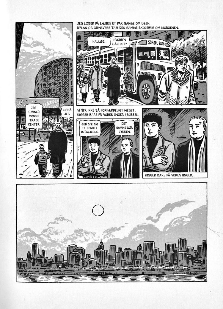 Efter. New Yorks berømte skyline bliver aldrig den samme igen. Det gør verden heller ikke for den lille familie i ’Tirsdag’. Illustration fra den nye bog: Henrik Rehr. 