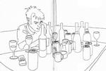 Rockhistorie. Her ses Damon Albarn fra Blur i færd med at rulle en joint under indspilningerne af albummet 'Parklife'. Året er 1993. Tegning: Mike Smith 