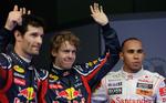 Hurtigst. Sebastian Vettel (i midten) afviste Lewis Hamilton på sidste omgang i kvalifikationen. 