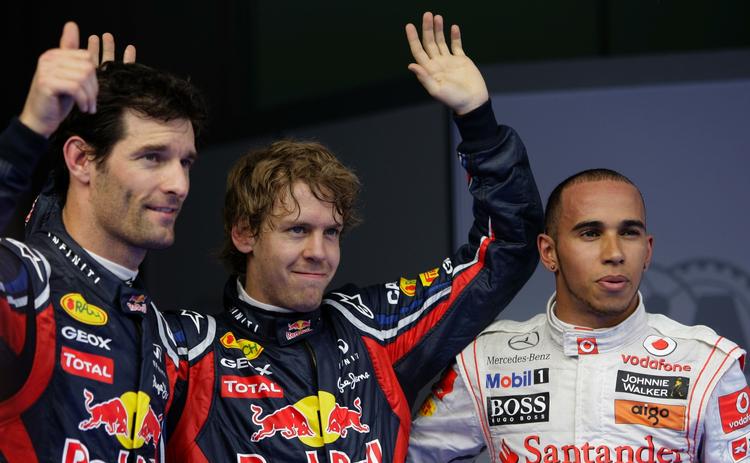 Hurtigst. Sebastian Vettel (i midten) afviste Lewis Hamilton på sidste omgang i kvalifikationen. 