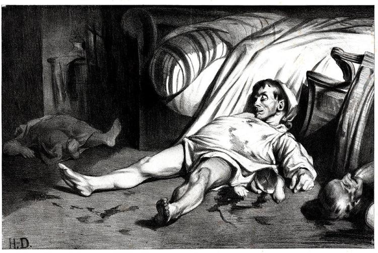 Samfundskritisk. Skildringen ovenfor af soldaternes massakre på 20 uskyldige borgere i april 1834 blev hængt op overalt i Paris. Illustration fra udstillingen 