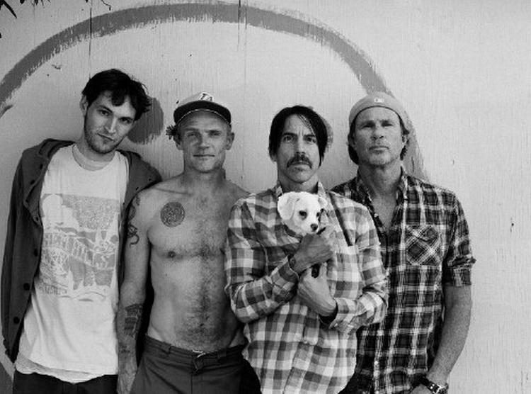 Underholder. Bandets 48-årige Flea (nr. to fra venstre) taler hurtigt og helst hele tiden, mens forsanger Anthony Kiedis her har medbragt en hund. 