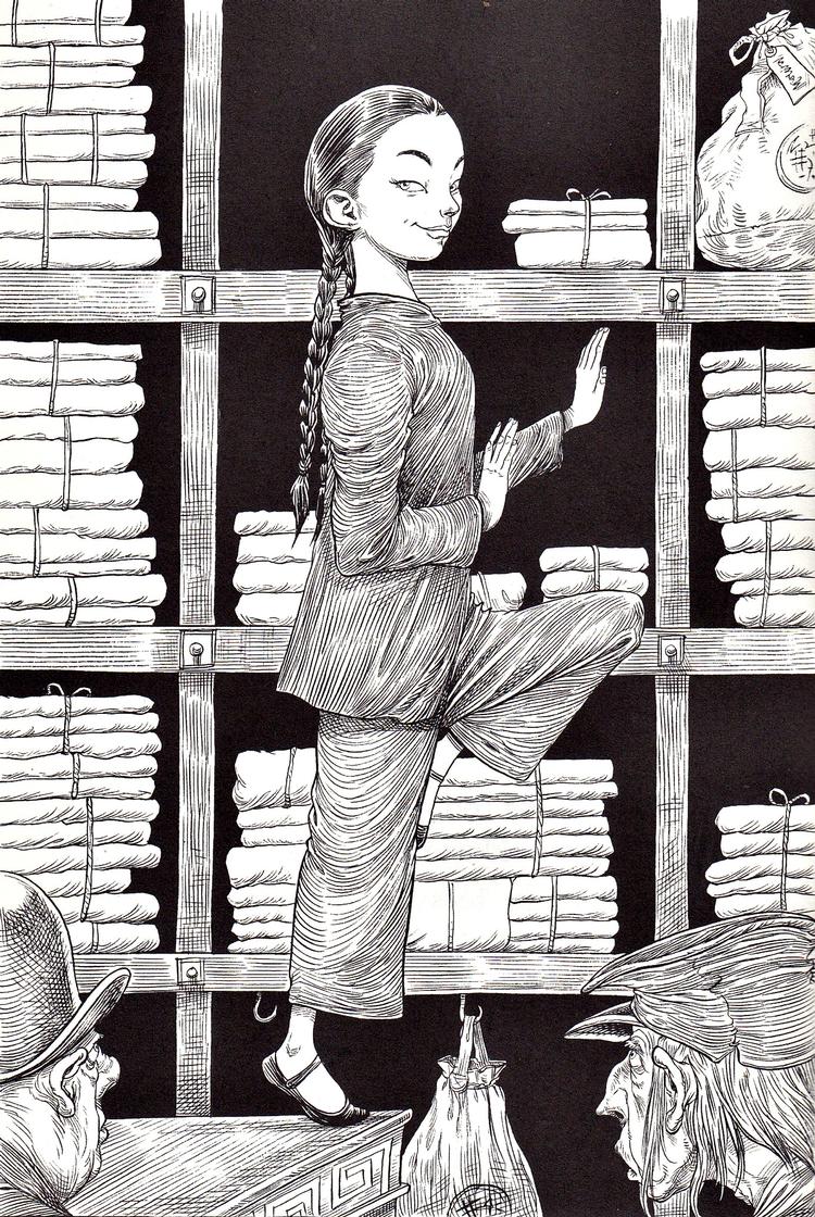 smaragd. Drengen Barnaby kommer i lærer hos vaskeriejerens datter Mei Ling. Det kommer ham til gode, da han skal besejre det smaragdgrønne kranium. Illustration: Chris Riddell 