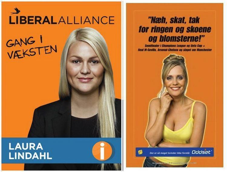 Tilfældighed? Laura Lindahls valgplakat minder påfaldende meget om den legendariske kampagne for Oddset. 
