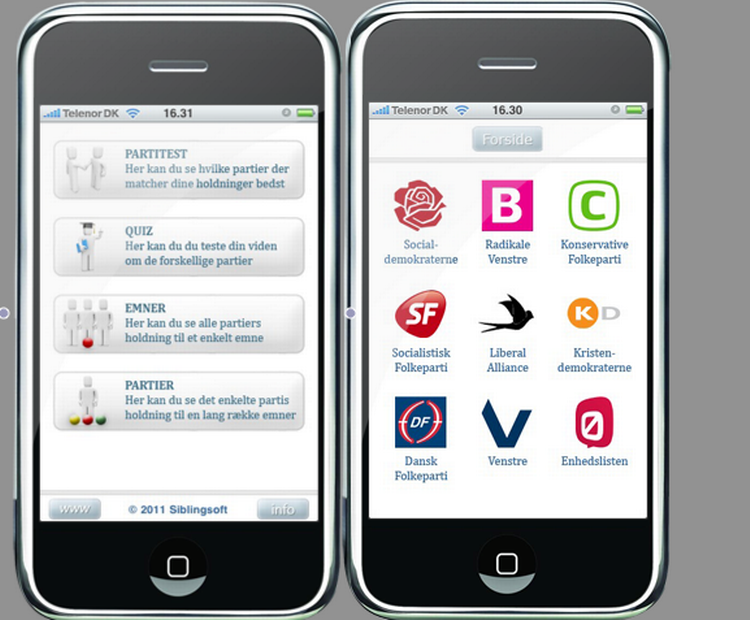VALGAPP. Dansk app til smartphones spørger dig om dine grundholdninger og matcher dig derefter med et politisk parti. 