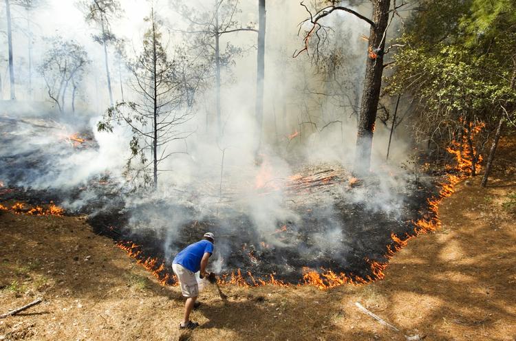 En Bastrop-borger forsøger at standse flammerne ved at bruge en skovl som branddasker. 