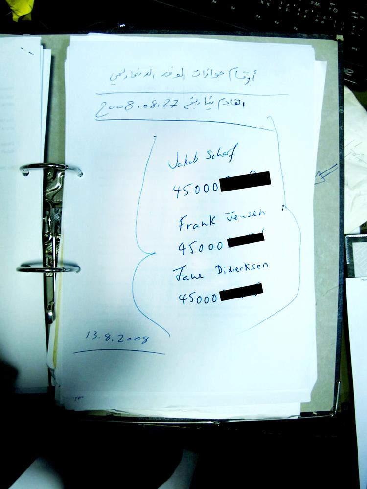 Møde. Gaddafis spioncenter i Tripoli noterede navne og pasnumre på PET-chef Jakob Scharf, operativ chef Frank  Jensen og chef for internationale relationer Jane Dideriksen forud for deres møde med Libyens spionchef 27. august 2008. Foto: Human Rights Watch 