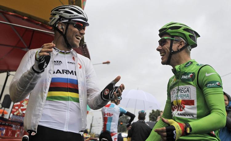 Podiekandidater. Den forsvarende verdensmester Thor Hushovd (t.v.) kan forvente hård konkurrence fra belgieren Philippe Gilbert (t.h.). 