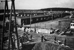 Vagtskifte. I sommeren 1945 skiftede rollerne i den tidligere Frøslevlejr. Her ses fanger i gang med et byggeri. Foto fra bogen. 