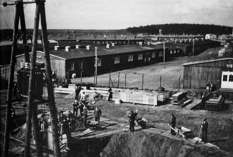 Vagtskifte. I sommeren 1945 skiftede rollerne i den tidligere Frøslevlejr. Her ses fanger i gang med et byggeri. Foto fra bogen. 