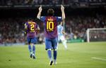 Jubel. Barcelonas store stjerne Lionel Messi scorede tre gange mod Osasuna i den spanske liga. 