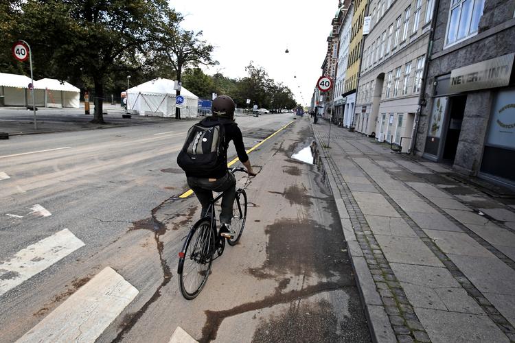Bilfri. En enlig svale cykler ned langs Nørre Voldgade under første dag af VM i cykling. 