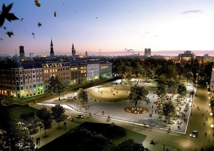 2014. Sådan er planerne for den nye Israels Plads. I baggrunden ses Ørstedsparken. Nederst ses enderne af de nye Torvehaller. Illustration: Københavns Kommune 