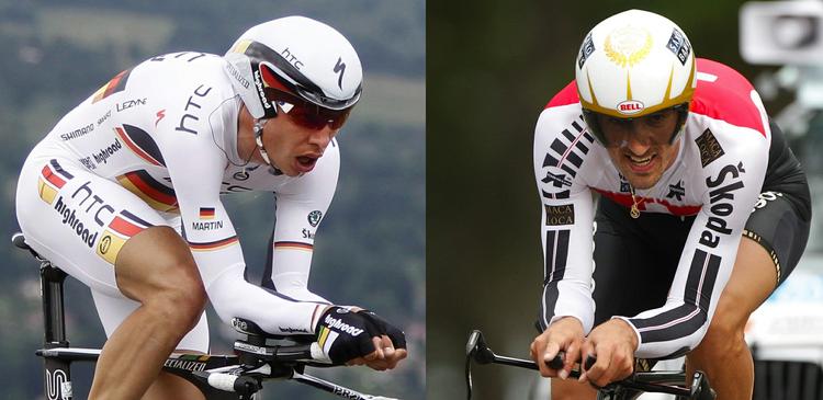 tvekampen. Tony Martin (t.v.) er i rollen som udfordrer i den direkte kamp mod uret og Fabian Cancellara. 