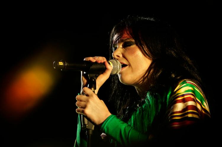 björk. Den islandske sangers bebudede iPad-album bliver forsinket, fordi hun vil tilføre numrene »blod og muskler«.  Her ses hun på Roskilde Festival 2007. 