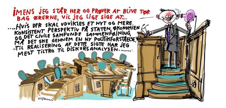 Voksenliv. Der kan være langt fra universitetsvirkeligheden til talerstolen i landets parlament. Tegning: Mette Dreyer. 