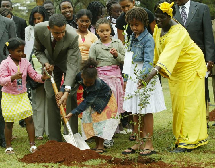 bæredygtighed. Miljøforkæmper Wangari Maathai (th.) planter et afrikansk oliventræ sammen med USA's præsident, Barack Obama, i 2006. Dengang var han blot senator. 