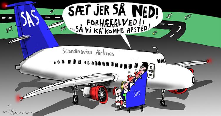 PLADSANVISNING. Flypersonalet må ofte skynde på passagererne. Tegning: Jørn Villumsen 