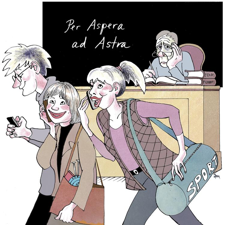 Undervisningsfri. De studerende på landets universiteter har travlt med meget andet end at tilegne sig viden, mener universitetsunderviserne. Tegning: Anne-Marie Steen Petersen. 